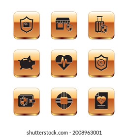 Set Travel Suitcase With Shield, Wallet, Lifebuoy, Health Insurance, Piggy Bank,  And Shopping Building Icon. Vector