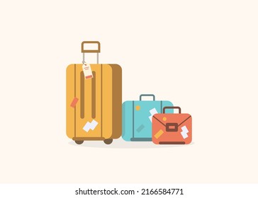 Set of travel suitcases, Baggage ready to board and checked luggage. Vector Illustration.