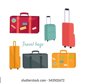 Set of travel suitcases and bags vectors. Flat design. Collection of various handle baggage. Colored suitcases with telescopic handle, wheels and stickers. For touristic concepts, travel companies ad