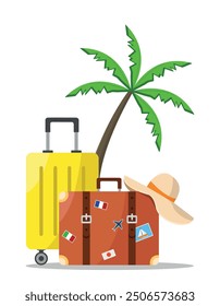 Set of travel suitcases for travel and vacation. Hat and palm tree. Tourism concept.