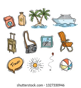 set of travel or summer icons with hand drawn style