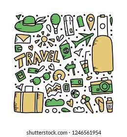 Set of travel symbols in doodle style. Hand drawn vector trip elements isolated on white background.  Square poster color illustration.