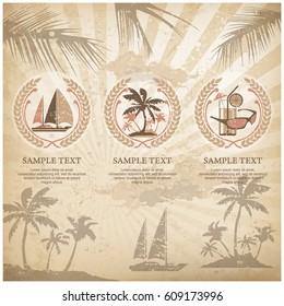 Set of travel symbols and signs with stylized landscape, concept logo sign for travel agency, vector illustration vintage