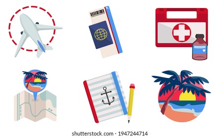Set of travel symbols. Touristic illustrations in flat style