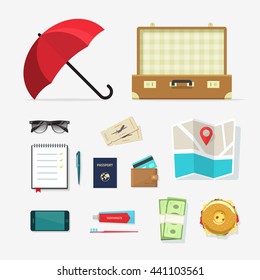 Set of travel things vector icons, required baggage items to travel with, travel packing, planning summer vacation, tourism and journey adventure flat cartoon objects isolated on white background 