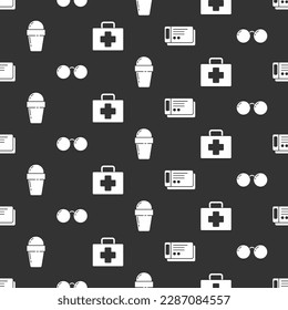 Set Travel ticket, Glasses, Ice cream in waffle cone and First aid kit on seamless pattern. Vector