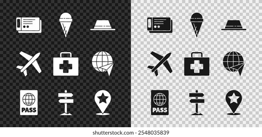 Set Travel ticket, Ice cream in waffle cone, Man hat with ribbon, Passport, Road traffic signpost, Map pointer star, Plane and First aid kit icon. Vector