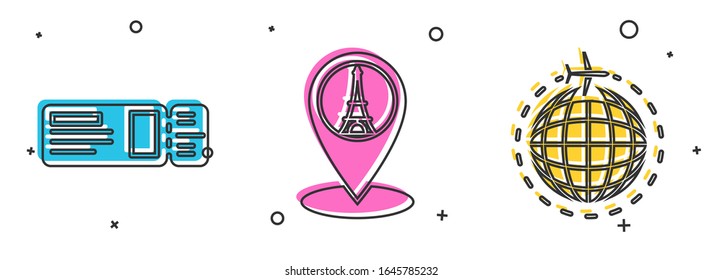 Set Travel ticket, Map pointer with Eiffel tower and Globe with flying plane icon. Vector