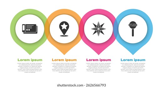 Set Travel ticket, Map pointer with star, Wind rose and Lollipop. Business infographic template. Vector