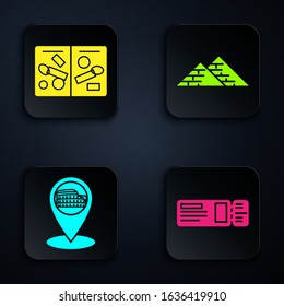 Set Travel ticket, Passport pages with visa stamps, Map pointer with Coliseum in Rome, Italy and Egypt pyramids. Black square button. Vector