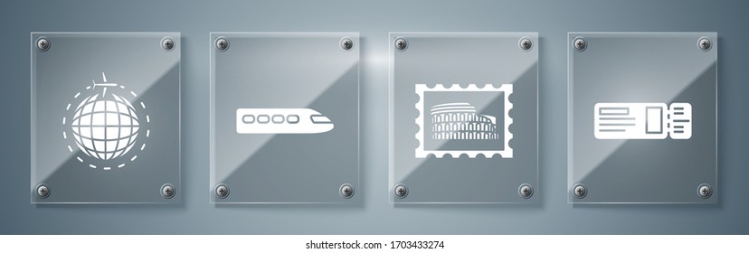 Set Travel ticket, Postal stamp and Coliseum, Train and Globe with flying plane. Square glass panels. Vector