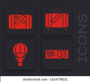 Set Travel ticket, Suitcase for travel and stickers, Suitcase for travel and stickers and Hot air balloon icon. Vector