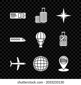 Set Travel ticket, Suitcase for travel, Wind rose, Plane, Earth globe, Map pointer with Coliseum Rome, Italy, Train and Hot air balloon icon. Vector