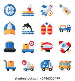 Set von Reise-, Tour- und Trip-Flat-IconsSet von Feiertagen und Trip-Flat-Icons