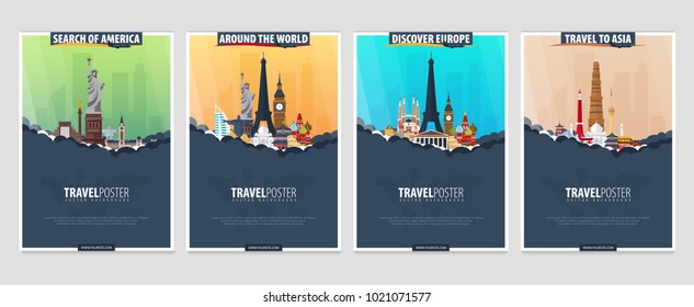 Set of Travel and Tourism banners. Around the World. America, Europe, Asia. Vector illustration