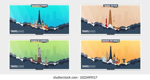 Set of Travel and Tourism banners. Around the World. America, Europe, Asia. Vector flat illustration