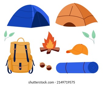 Set of travel, tourism, camping, adventure elements. Backpack, fireplace, leaves, tents and other elements. Flat Vector editable illustration.