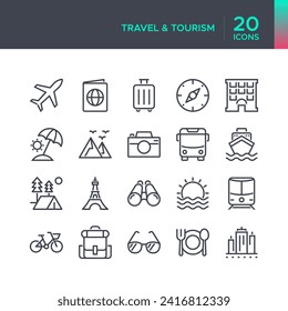 Set of travel tourism icon, mono line flat design style, perfect for a wide range of applications.