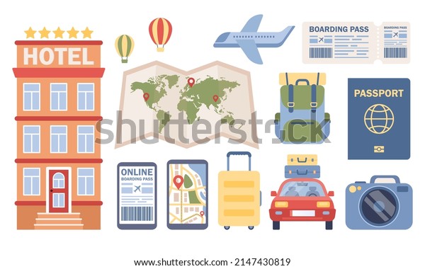 Set of travel and\
tourism icons. Vacation and adventure concept. Travel preparation.\
Vector flat illustration