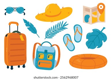 Set of travel and tourism items. Vector flat illustration on white background