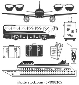 Set of travel and tourism monochrome icons, design elements isolated on white background. Design elements for logo, label, emblem. Summer symbols