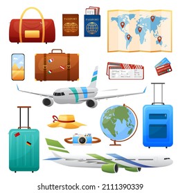 Set of travel, tourism stuff. Collection of items for vacation, journey. Airplanes, map, tickets, passports, baggage, leather suitcase, globe, smartphone, camera, female hat. Vector illustration