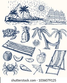 Set of Travel, Tourism and Summer Beach. Hand drawing set of vector sketches