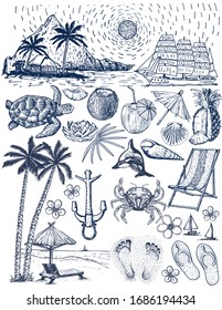 Set Of Travel, Tourism And Summer Beach. Hand Drawing Set Of Vector Sketches. Sketch Summer Symbols. Summer Vacation