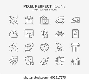 Set of travel, tourism transportation thin line icons. Contains icons as airplane, booking, last minute deals, ecotourism, cultural tourism and more. Editable vector stroke. 64x64 Pixel Perfect.