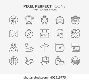Set of travel, tourism transportation thin line icons. Contains icons as travel by airplane, booking online, payment methods, travel insurance and more. Editable vector stroke. 64x64 Pixel Perfect. - Shutterstock ID 602518775