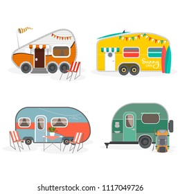 Set of Travel Trailer Caravans with different landscapes. Isolated objects on white background