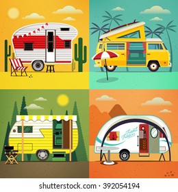 Set of Travel Trailer Caravans with different  landscapes ( forest, beach, dessert, canyon). Camper Vans. Vector illustration.