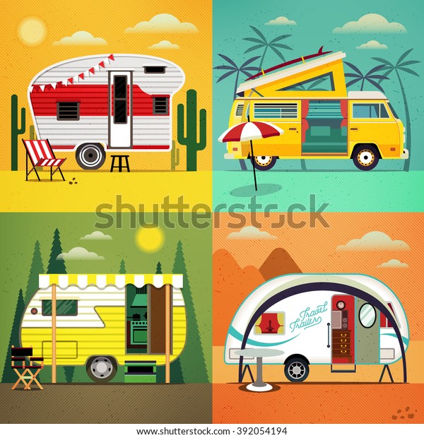 Set of Travel Trailer Caravans with\
different  landscapes ( forest, beach, dessert, canyon). Camper\
Vans. Vector illustration.