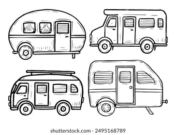 Set of travel trailers hand drawn in doodle style. Tourist motorhome for family holidays. Camping in nature. House on wheels. Vector line art illustration.