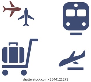 Set of Travel and Transportation Icons Including Airplane, Train, Luggage, and Arrival Symbols For Travel and Tourism Design