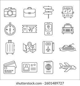 A set of travel and transportation line icons, including a suitcase, passport, airplane, map, taxi, and more. Ideal for tourism, navigation, and transportation designs