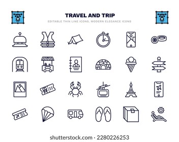 set of travel and trip thin line icons. travel and trip outline icons such as hotel bell, camping tent, mobile map, food stand, icecream, train ticket, eiffel tower, parasailing, flip flop, sun bath