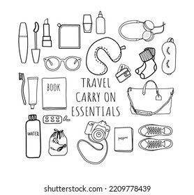 Set of travel vacation items isolated on white background doodle.