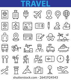set of Travel and Vacation Line Icons  Thin Stroke Vector Set, suitcase, passport, hotel, beach, map, camera, travel ticket, cruise ship,

