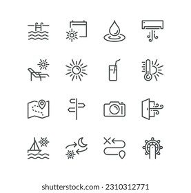 Set of travel and vacation related icons, sun bed, swimming pool, rudder, direction sign, boat, route, wind, camera, sun, beach elements and linear variety vectors.