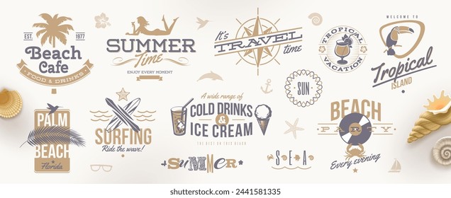 Set of travel and vacation retro emblems and logo. Vector illustration.