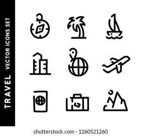 Set of travel vector icons. Passport, mountains, plane and more outline signs