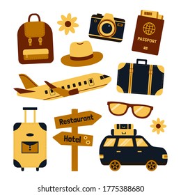 Set of travel vector illustration: plane, car, passport, glasses, backpack, hat, camera, suitcase. Summer Season Travel Trip. Design element isolated on white background.