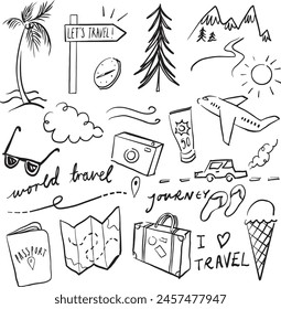 set of travel vector illustrations doodle icons, travelling elements, adventure clipart, summer holidays