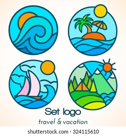 Set Travel vector logos design template. Sun and wave design, vector illustration.  Ocean Sea Waves, Sun shine Tourism icon .Adventure Outdoor Tourism Travel Logo Labels design vector templates.