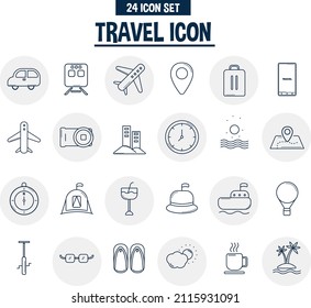 set of travel, vehicle, play, beach and fun icons with blue lineal icon