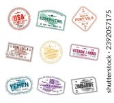 Set of travel visa stamps for passports. Abstract international and immigration office stamps. Arrival and departure customs visa stamps to country. Vector