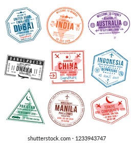 Set of travel visa stamps for passports. Abstract international and immigration office stamps. Arrival and departure visa stamps to Asian countries - China, India, Indonesia, Turkey. Vector