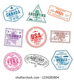 Set of travel visa stamps for passports. Abstract international and immigration office stamps. Arrival and departure visa stamps to American countries - USA, Canada, Brazil, Mexico. Vector