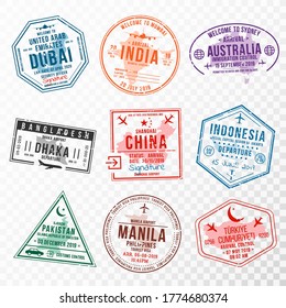 Set of travel visa stamps for passports. Abstract international and immigration office stamps. Arrival and departure visa stamps to Asian countries - China, India, Indonesia, Turkey. Vector